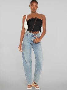 SHEIN BAE Zip Front Raw Hem Tube Top - Black - View 5