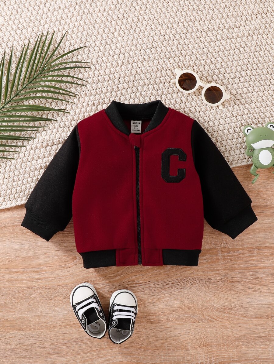 Baby Letter Embroidery Two Tone Bomber Jacket - Burgundy - View 1