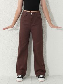 SHEIN Tween Girl Zipper Fly Straight Leg Jeans Summer Holiday - Coffee Brown - View 1