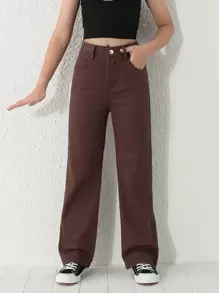 SHEIN Tween Girl Zipper Fly Straight Leg Jeans Summer Holiday - Coffee Brown - View 5