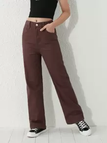 SHEIN Tween Girl Zipper Fly Straight Leg Jeans Summer Holiday - Coffee Brown - View 3