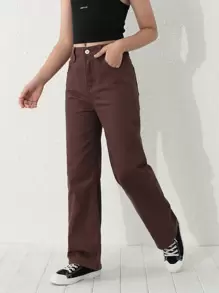 SHEIN Tween Girl Zipper Fly Straight Leg Jeans Summer Holiday - Coffee Brown - View 7