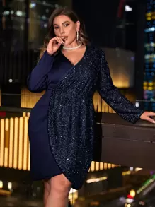 SHEIN SXY 大碼亮片拼接圍裹連衣裙 - 藏蓝色 - 查看 1