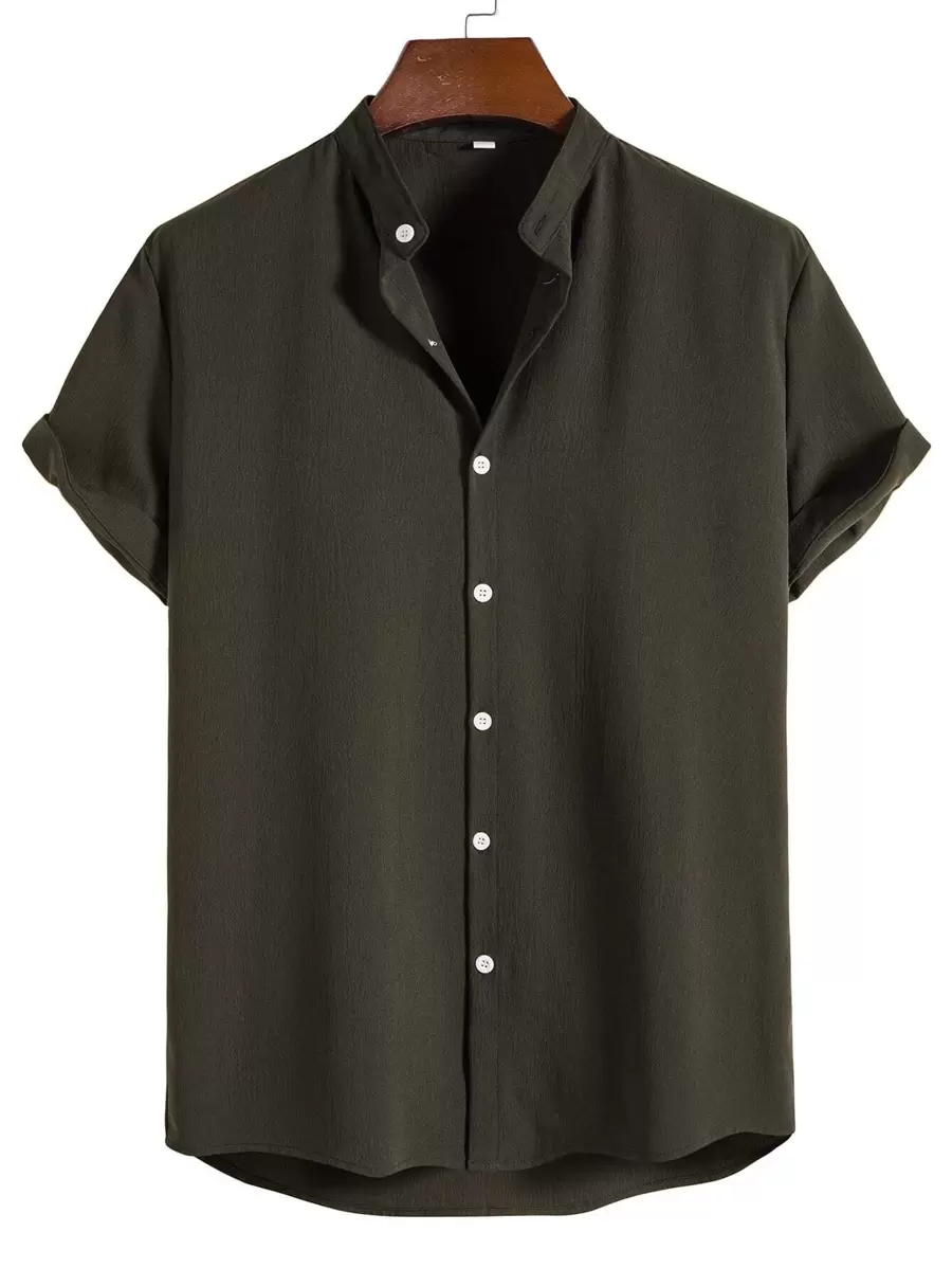 Manfinity Homme Hombres Camisa unicolor con botón - Verde Oscuro - Ver 1