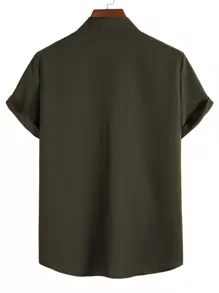 Manfinity Homme Hombres Camisa unicolor con botón - Verde Oscuro - Ver 2