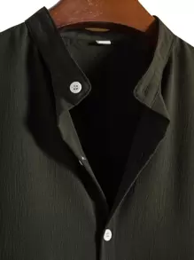 Manfinity Homme Hombres Camisa unicolor con botón - Verde Oscuro - Ver 3