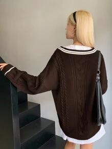 DAZY 條紋飾邊落肩袖麻花編織套頭毛衣不帶T恤 - 咖啡棕 - 查看 2