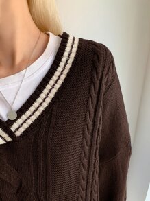 DAZY 條紋飾邊落肩袖麻花編織套頭毛衣不帶T恤 - 咖啡棕 - 查看 3
