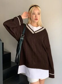 DAZY 條紋飾邊落肩袖麻花編織套頭毛衣不帶T恤 - 咖啡棕 - 查看 4