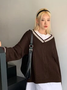 DAZY 條紋飾邊落肩袖麻花編織套頭毛衣不帶T恤 - 咖啡棕 - 查看 5