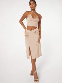 SHEIN BAE Draped Front Crisscross Backless Halter Top & Ruched Split Thigh Skirt - Apricot - View 1