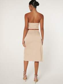 SHEIN BAE Draped Front Crisscross Backless Halter Top & Ruched Split Thigh Skirt - Apricot - View 2