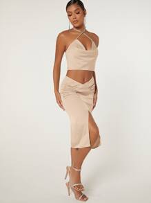 SHEIN BAE Draped Front Crisscross Backless Halter Top & Ruched Split Thigh Skirt - Apricot - View 3