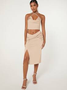 SHEIN BAE Draped Front Crisscross Backless Halter Top & Ruched Split Thigh Skirt - Apricot - View 5