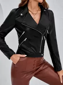 SHEIN LUNE Zip Detail PU Moto Jacket Fall Winter Cloth For Women - Black - View 3
