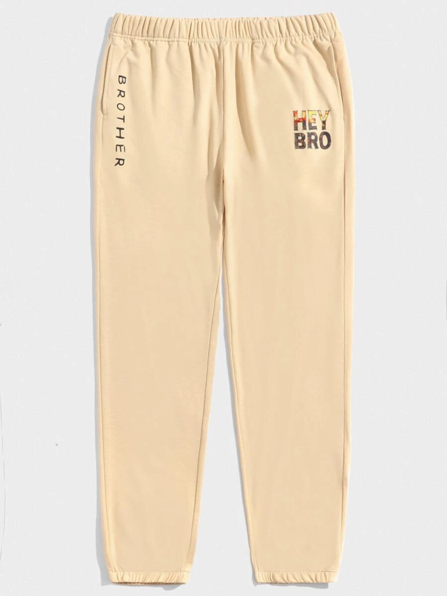 Manfinity Men Letter Graphic Slant Pockets Joggers - Khaki - View 1