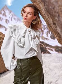 SHEIN Blusa de cuello con cordón ribete con fruncido - Blanco - Ver 1