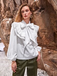 SHEIN Blusa de cuello con cordón ribete con fruncido - Blanco - Ver 3