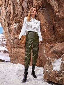 SHEIN Blusa de cuello con cordón ribete con fruncido - Blanco - Ver 4