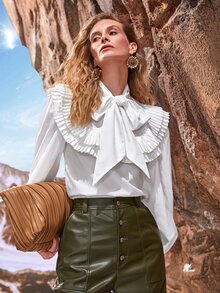SHEIN Blusa de cuello con cordón ribete con fruncido - Blanco - Ver 6