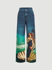 SHEIN MOD Figure Graphic Wide Leg Jeans - Multicolor - View 5