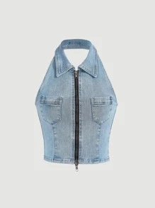 SHEIN MOD 雙口袋拉鏈開襟吊脖牛仔上衣 - 淺色水洗藍 - 查看 5