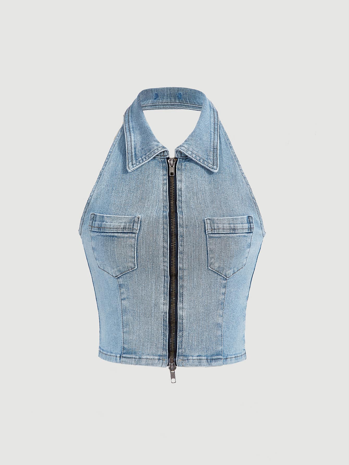 Double Pocket Zip Up Halter Denim Top