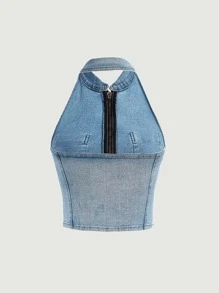 SHEIN MOD 雙口袋拉鏈開襟吊脖牛仔上衣 - 淺色水洗藍 - 查看 2