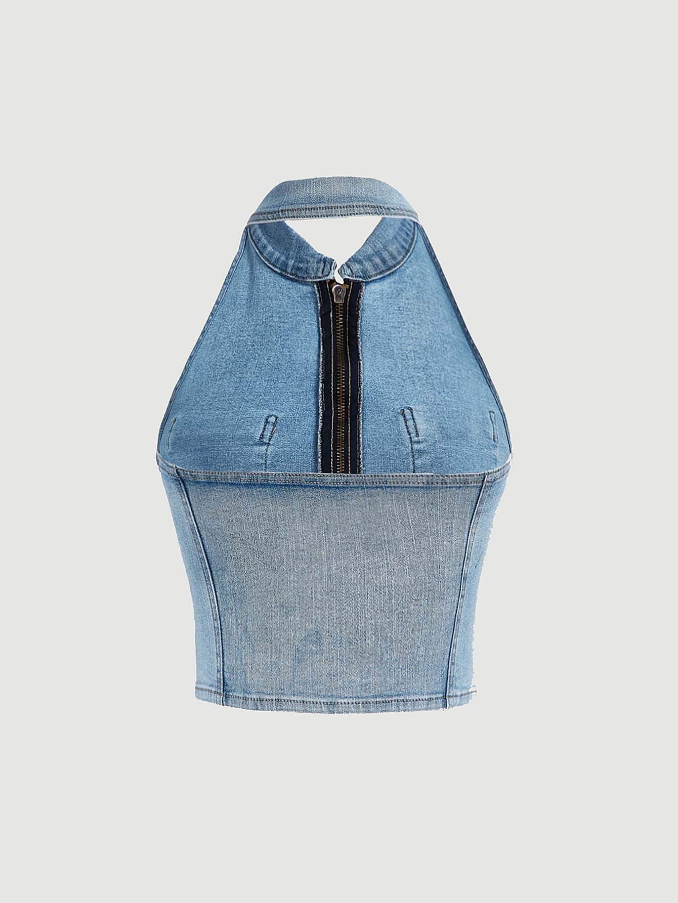 Double Pocket Zip Up Halter Denim Top