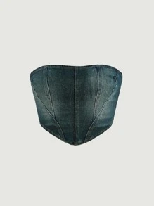 SHEIN MOD 手帕下擺後拉鏈抹胸牛仔上衣 - 深色水洗藍 - 查看 2