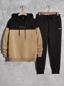 Manfinity VCAY Men Two Tone Letter Graphic Drawstring Hoodie & Sweatpants - Khaki - View 1