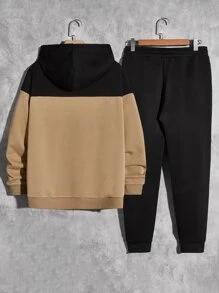 Manfinity VCAY Men Two Tone Letter Graphic Drawstring Hoodie & Sweatpants - Khaki - View 2