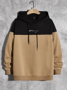 Manfinity VCAY Men Two Tone Letter Graphic Drawstring Hoodie & Sweatpants - Khaki - View 8