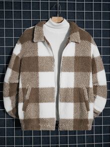 GENTILAND Men's Buffalo Plaid Print Oversized Teddy Jacket With Drop Shoulder (Tee Not Included) - Multicolor - View 4