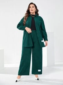 Mulvari Plus Letter Patched Drop Shoulder Shirt & Trousers - Dark Green - View 6