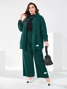 Mulvari Plus Letter Patched Drop Shoulder Shirt & Trousers - Dark Green - View 4