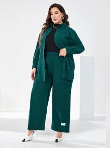 Mulvari Plus Letter Patched Drop Shoulder Shirt & Trousers - Dark Green - View 1