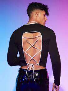 FeverCity Men Cotton Lace Up Backless Crop Tee - Black - View 1