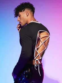 FeverCity Men Cotton Lace Up Backless Crop Tee - Black - View 5