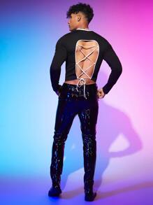 FeverCity Men Cotton Lace Up Backless Crop Tee - Black - View 6