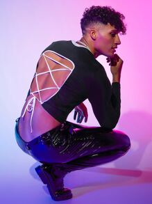 FeverCity Men Cotton Lace Up Backless Crop Tee - Black - View 7