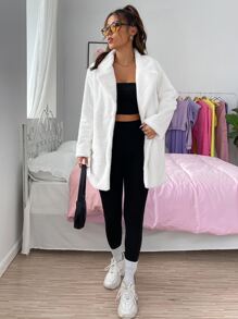 Muchica Lapel Neck Dual Pocket Teddy Coat - White - View 4