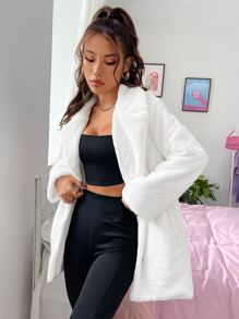 Muchica Lapel Neck Dual Pocket Teddy Coat - White - View 6