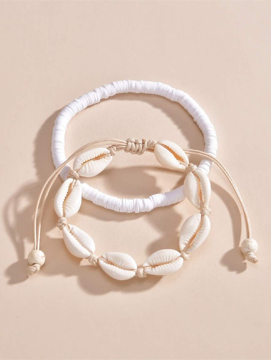 Tropiscape 2pcs Shell Design Anklet, Suitable For Daily Wear Autumn Winter Gifts - White - View 1