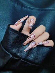 24pcs Long Coffin Colorblock Fake Nail & 1pc Nail File & 1sheet Tape - Multicolor - View 1