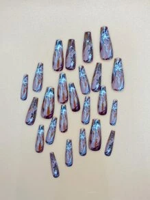 24pcs Long Coffin Colorblock Fake Nail & 1pc Nail File & 1sheet Tape - Multicolor - View 6