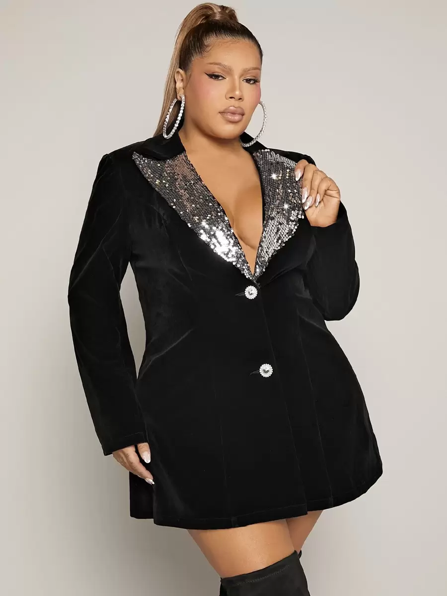 SHEIN SXY Plus Contrast Sequin Single Breasted Blazer Dress - Black - View 1