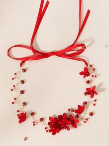 波西米亞風格假珍珠&花朵裝飾髮箍 - 紅色 - 查看 1