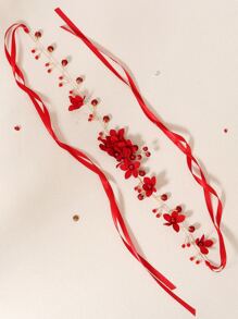 波西米亞風格假珍珠&花朵裝飾髮箍 - 紅色 - 查看 2