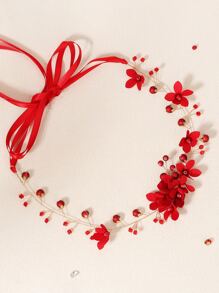波西米亞風格假珍珠&花朵裝飾髮箍 - 紅色 - 查看 3
